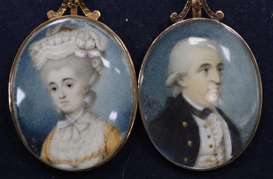 English School c.1780, pair of oil on ivory miniatures of a lady and gentleman, 4 x 3.25cm, near matching gold frames